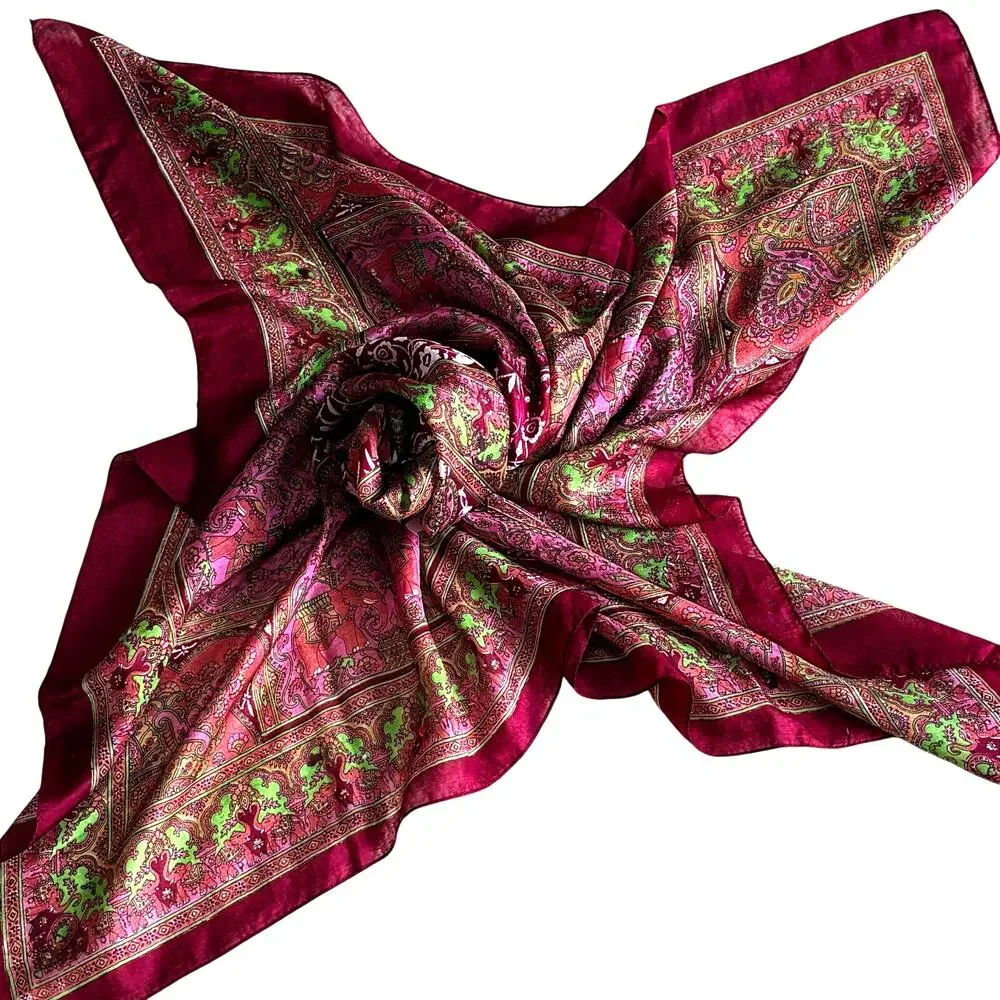 Sheer India Silk Scarf Boho square burgundy red & green paisley ornate elegant